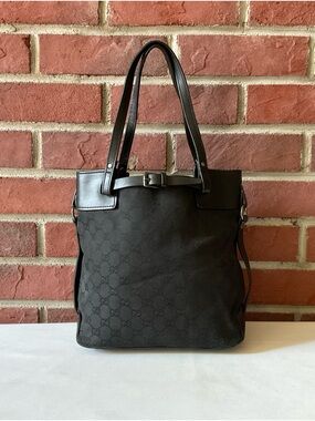 Gucci Black Monogram Canvas Tote Shoulder Bag with Leather Trim